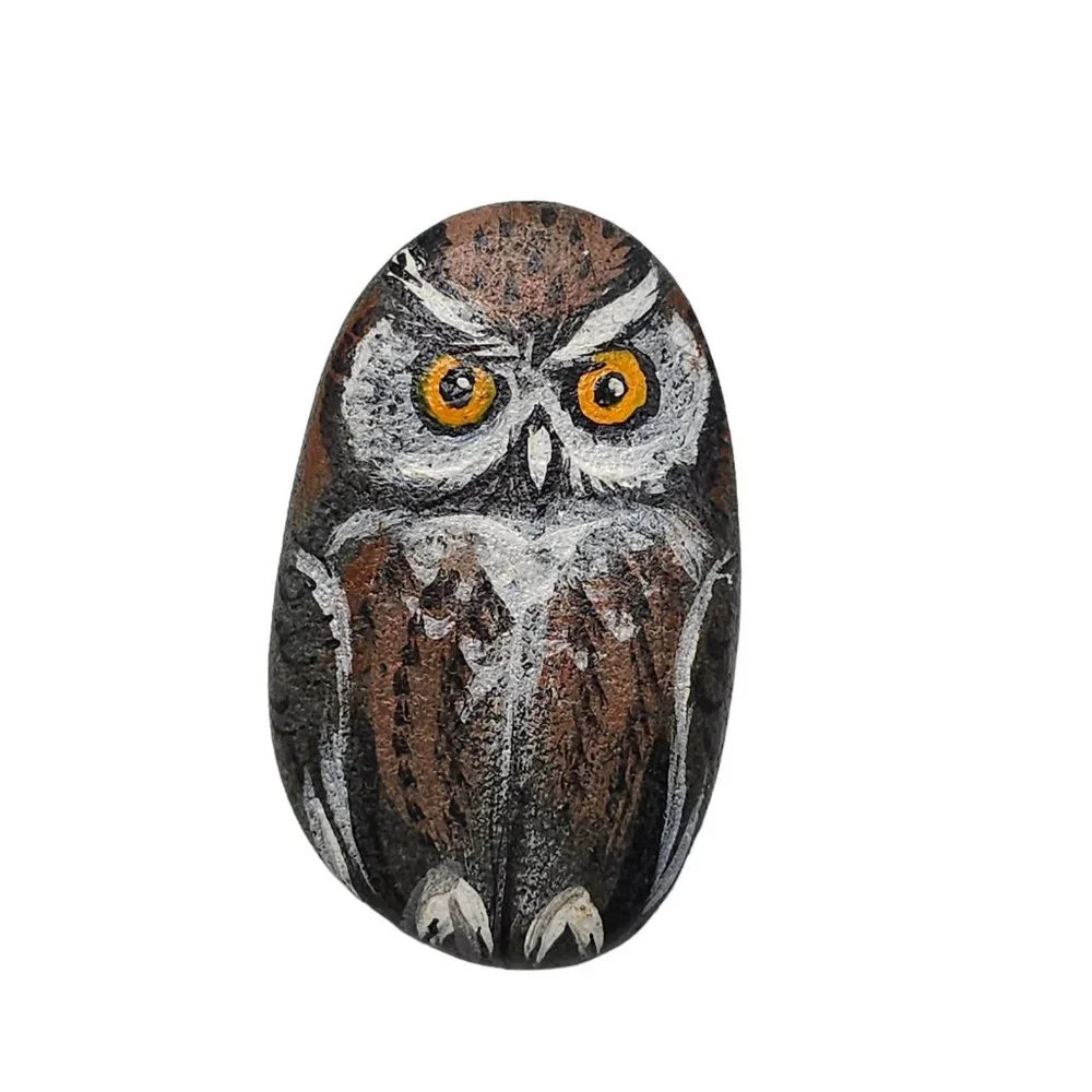 Artist Signed Original Hand Painted Rock Owl Brooch Pin Vintage